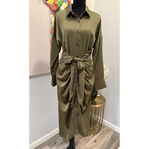 BTFBM Dresses & Skirts - BTFBM Women Olive Green Satin Long Sleeve Button Down Tie Waist Midi Shirt Dress